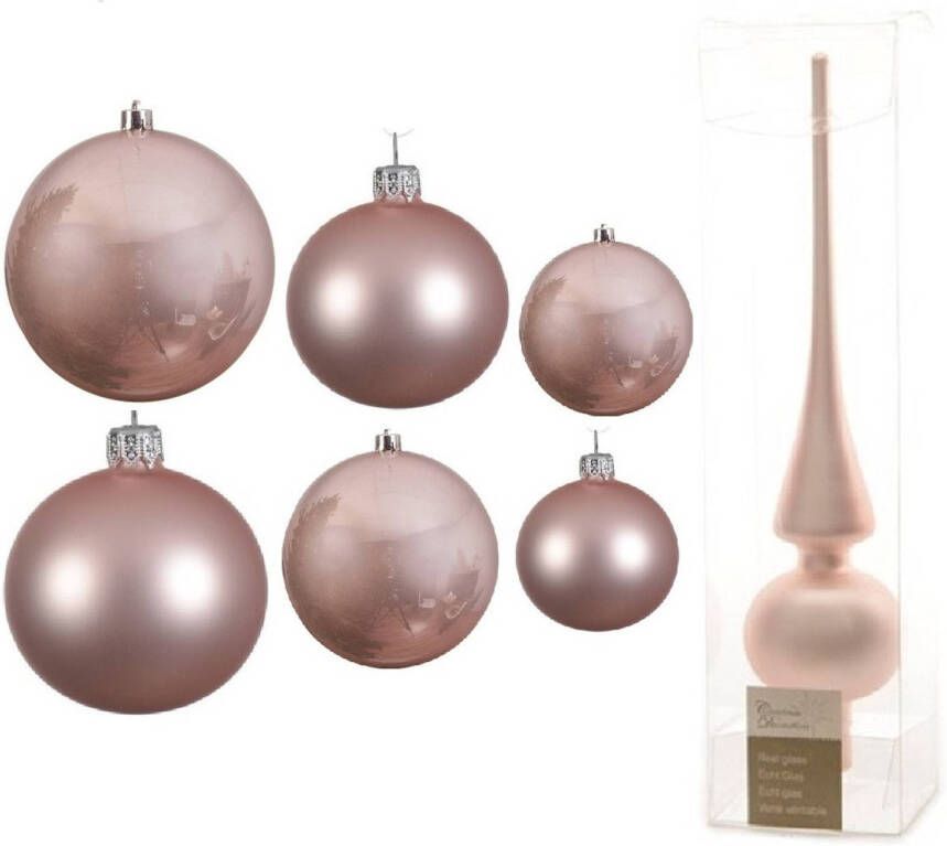 Decoris Groot pakket glazen kerstballen 50x lichtroze glans mat 4-6-8 cm met piek mat Kerstbal
