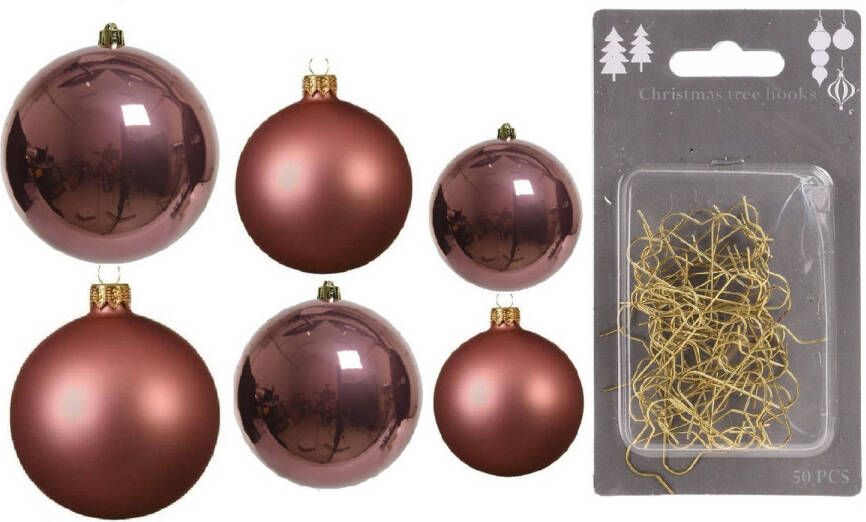 Decoris Groot pakket glazen kerstballen 50x oud roze glans mat 4-6-8 cm incl haakjes Kerstbal