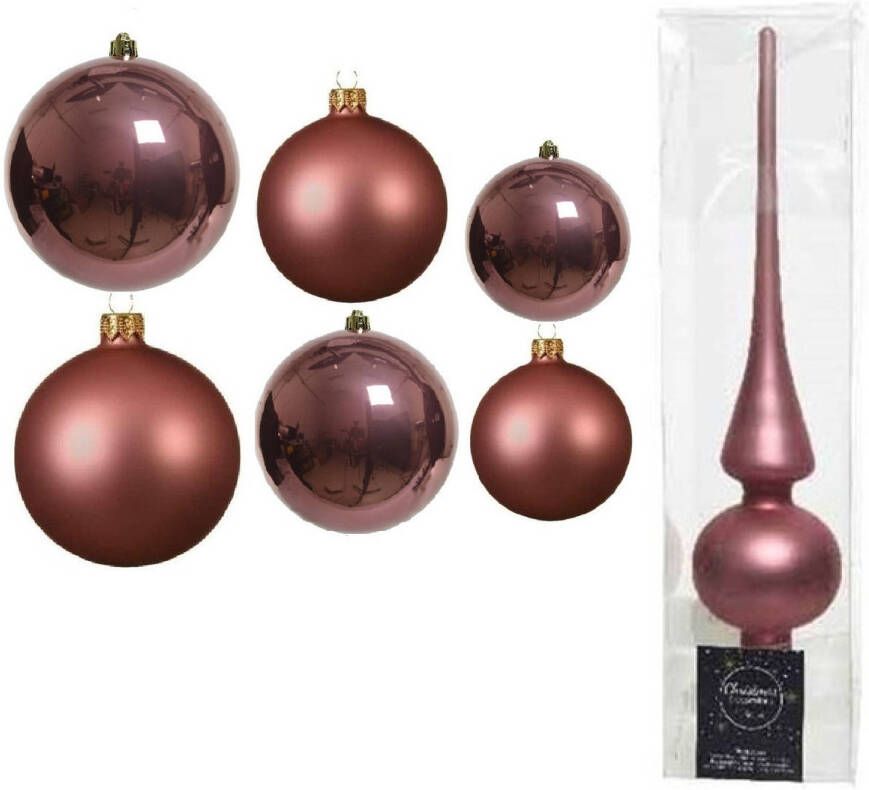 Decoris Groot pakket glazen kerstballen 50x oud roze glans mat 4-6-8 cm met piek mat Kerstbal