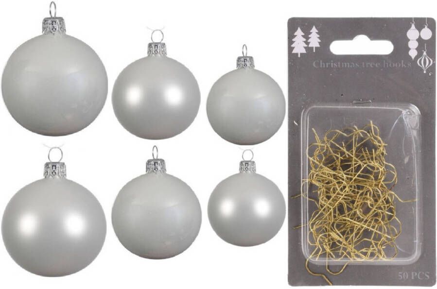 Decoris Groot pakket glazen kerstballen 50x winter wit glans mat 4-6-8 cm incl haakjes Kerstbal