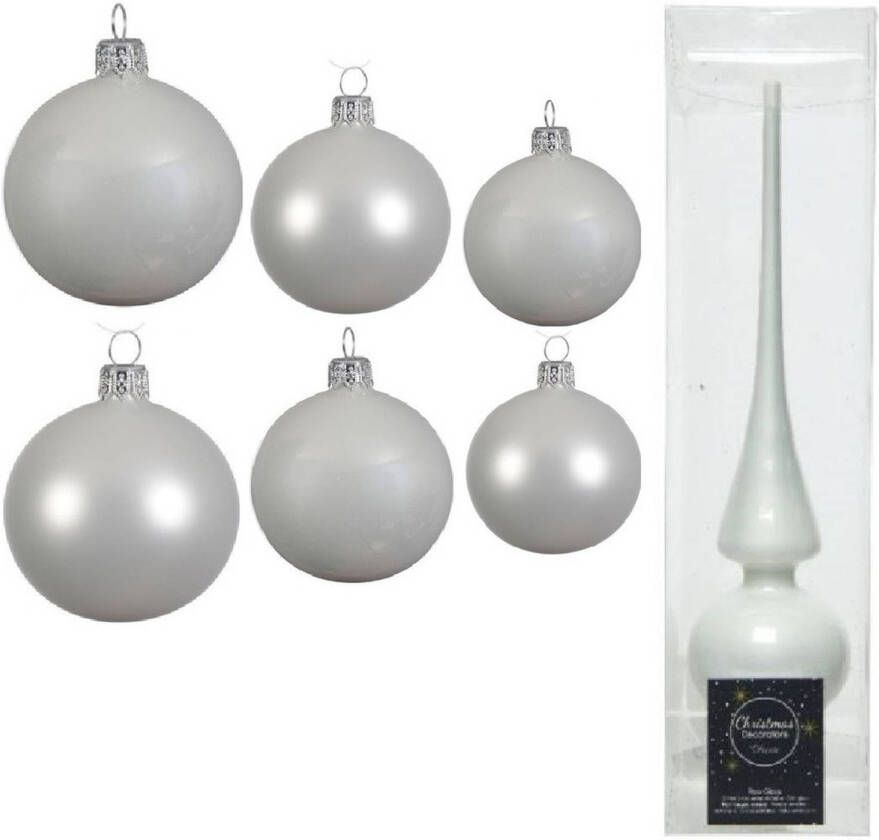 Decoris Groot pakket glazen kerstballen 50x winter wit glans mat 4-6-8 cm met piek glans Kerstbal