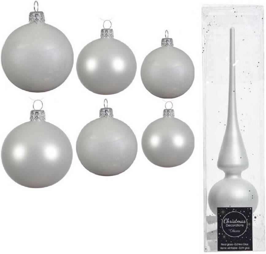 Decoris Groot pakket glazen kerstballen 50x winter wit glans mat 4-6-8 cm met piek mat Kerstbal