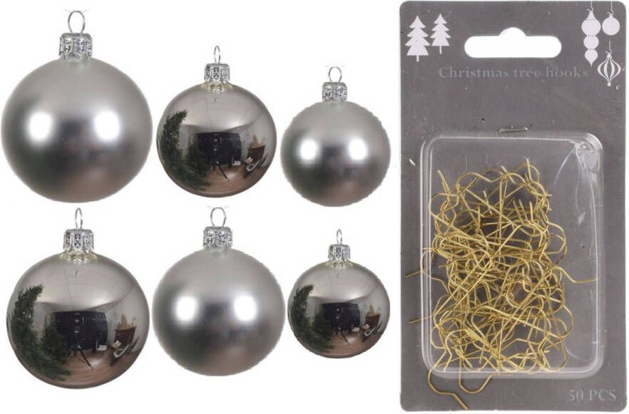 Decoris Groot pakket glazen kerstballen 50x zilver glans mat 4-6-8 cm incl haakjes Kerstbal