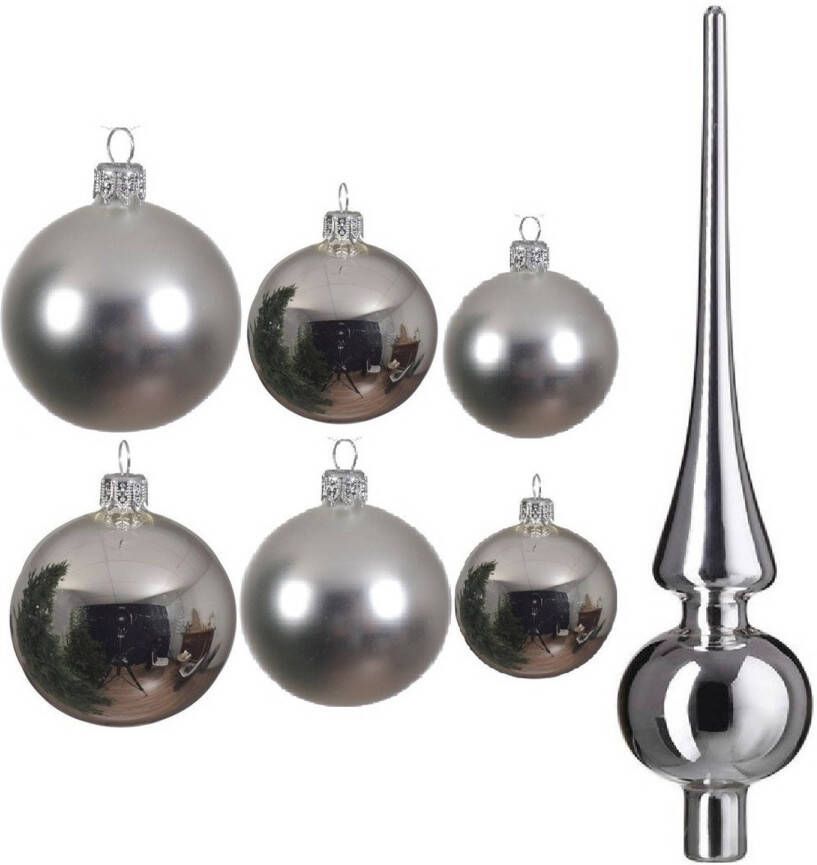 Decoris Groot pakket glazen kerstballen 50x zilver glans mat 4-6-8 cm met piek glans Kerstbal