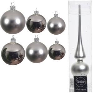 Decoris Groot Pakket Glazen Kerstballen 50x Zilver Glans mat 4-6-8 Cm Met Piek Mat Kerstbal