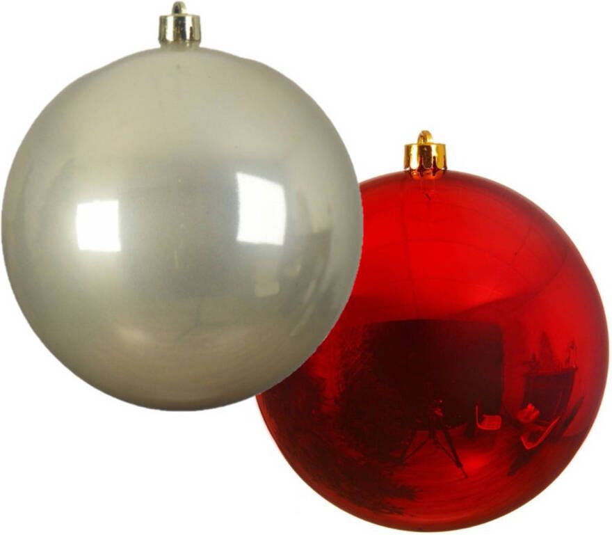 Decoris Grote decoratie kerstballen 2x st 20 cm champagne en rood kunststof Kerstbal