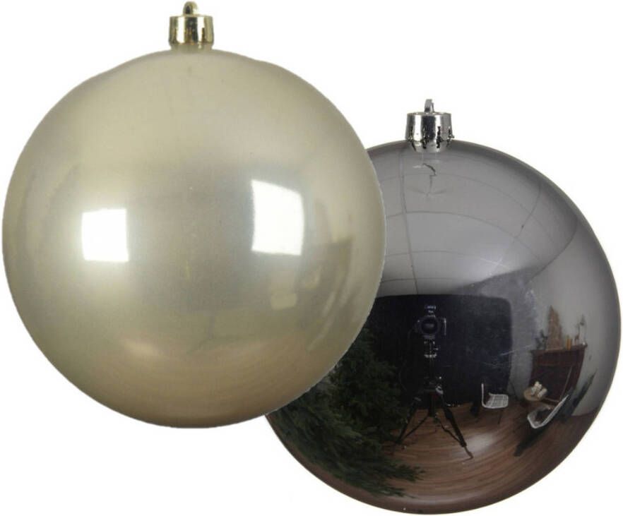 Decoris Grote decoratie kerstballen 2x st 20 cm champagne en zilver kunststof Kerstbal