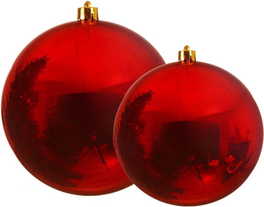 Decoris Grote kerstballen 2x stuks rood 14 en 20 cm kunststof Kerstbal