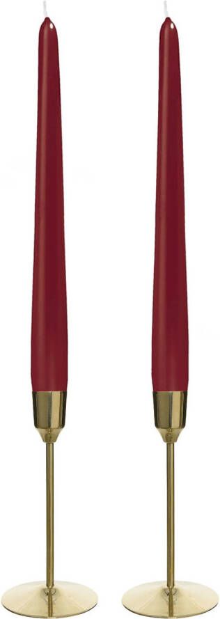 Decoris Kandelaars 2x aluminium goud 15 cm met 12x donker rode dinerkaarsen kaars kandelaars