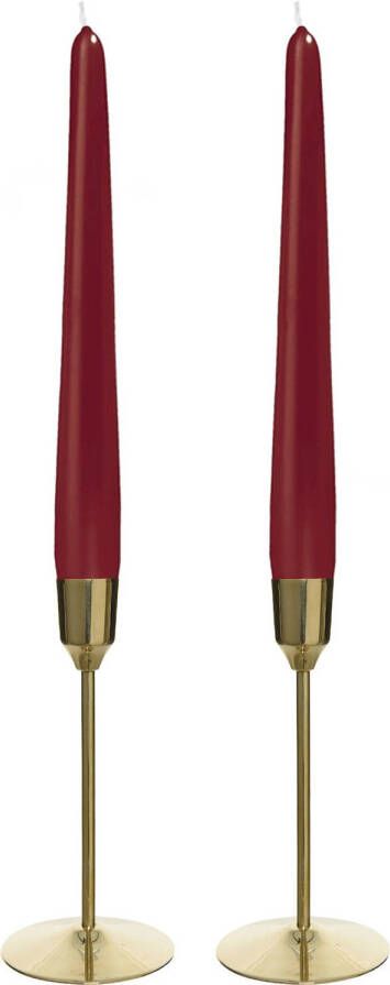 Decoris Kandelaars 2x aluminium goud 20 cm met 12x donker rode dinerkaarsen kaars kandelaars