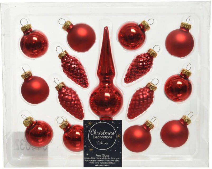 Decoris Kerst rode glazen kerstballen 3 cm en piek set voor mini kerstboom 15-dlg Kerstbal
