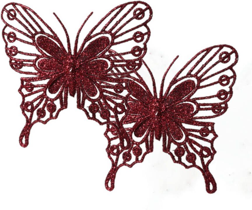 Decoris kerst vlinders op clip 2x -donkerrood 13 cm glitter Kersthangers