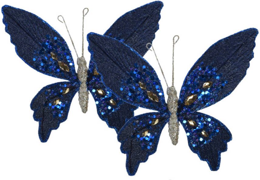 Decoris kerst vlinders op clip 2x st donkerblauw fluweel -15 cm Kersthangers