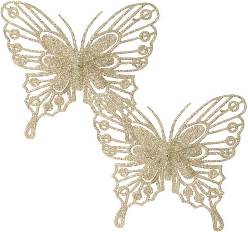 Decoris kerst vlinders op clip 2x stuks -champagne 13 cm glitter Kersthangers