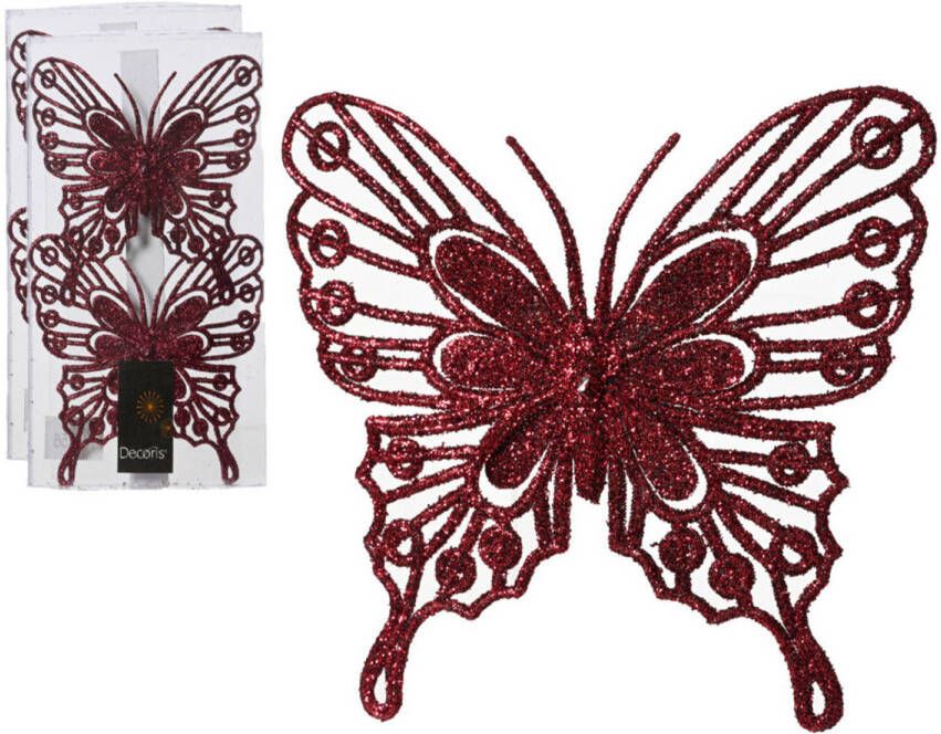 Decoris kerst vlinders op clip 4x -donkerrood 13 cm glitter Kersthangers