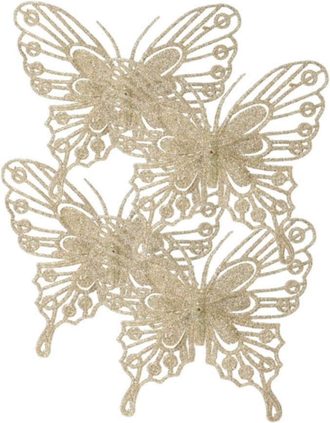 Decoris kerst vlinders op clip 4x st -champagne 13 cm glitter Kersthangers