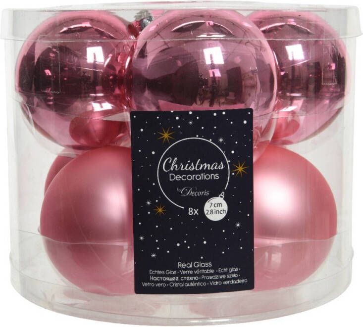 Decoris Kerstbal glas d7 cm lip roze 8st kerst