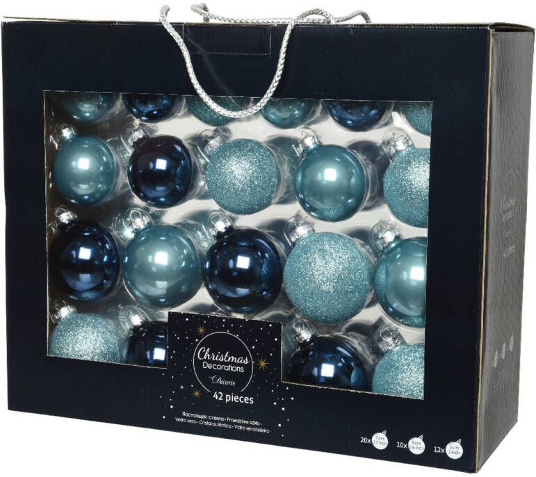 Decoris 42x stuks glazen kerstballen ijsblauw (blue dawn) donkerblauw 5-6-7 cm Kerstbal