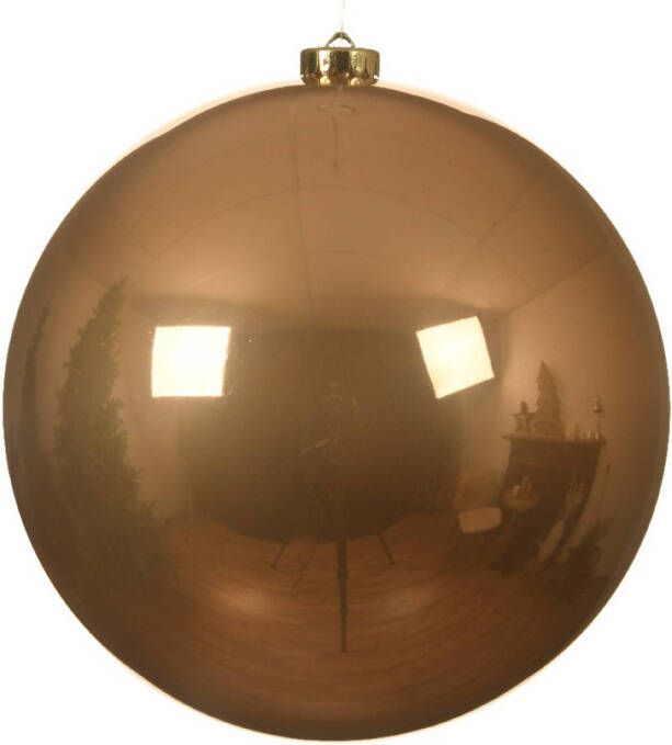 Decoris 1x stuks grote kunststof kerstballen toffee bruin 14 cm glans Kerstbal