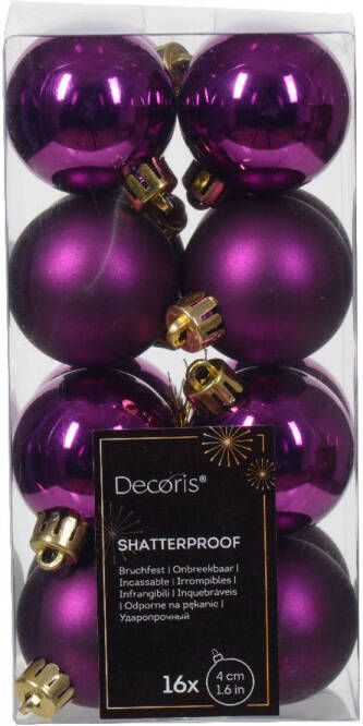 Decoris kleine kerstballen 16x paars 4 cm -kunststof Kerstbal