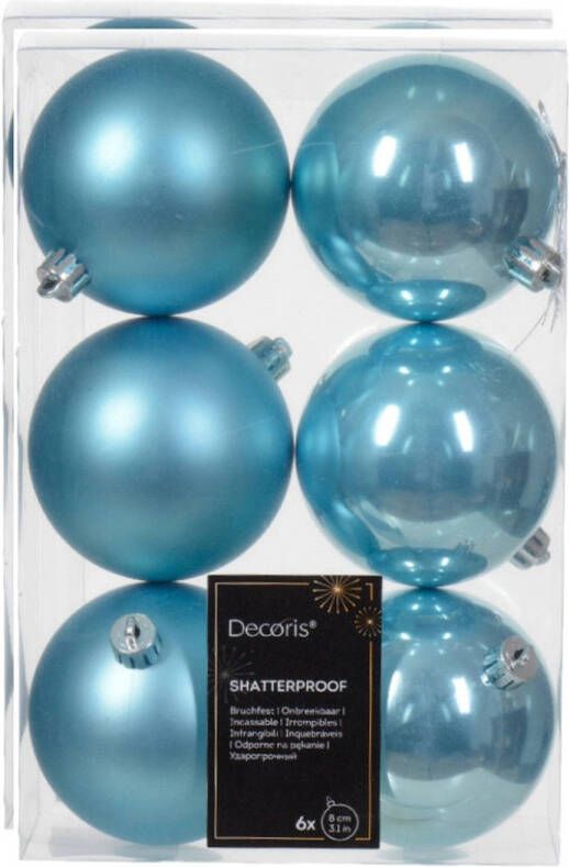 Decoris kerstballen 12x ijsblauw 8 cm -kunststof Kerstbal