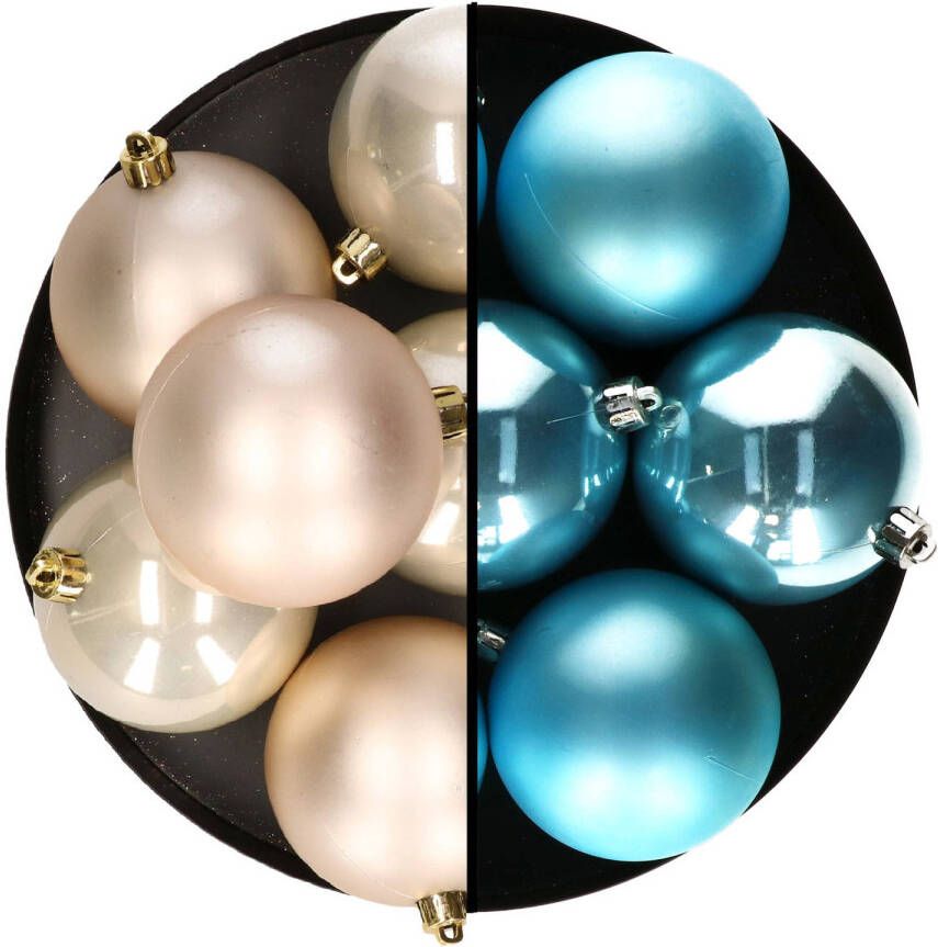 Decoris kerstballen 12x st 8 cm champagne en blauw kunststof Kerstbal