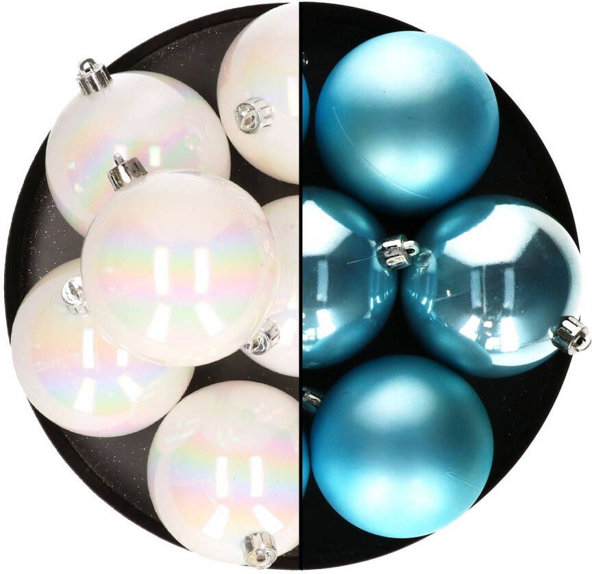 Decoris kerstballen 12x st 8 cm parelmoer en blauw kunststof Kerstbal