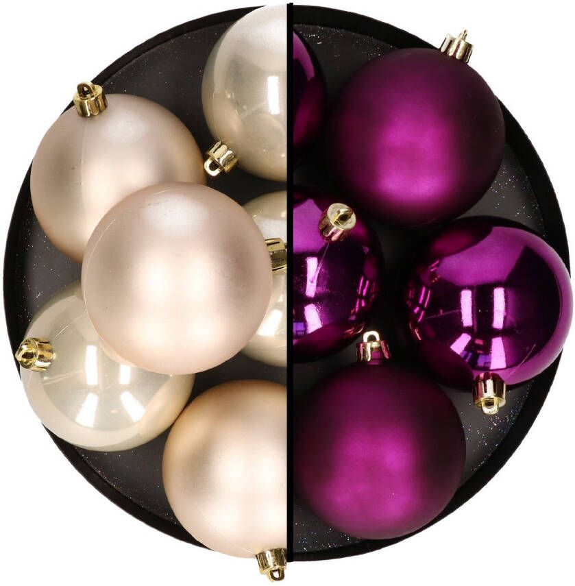Decoris kerstballen 12x st 8 cm parelmoet en paars kunststof Kerstbal