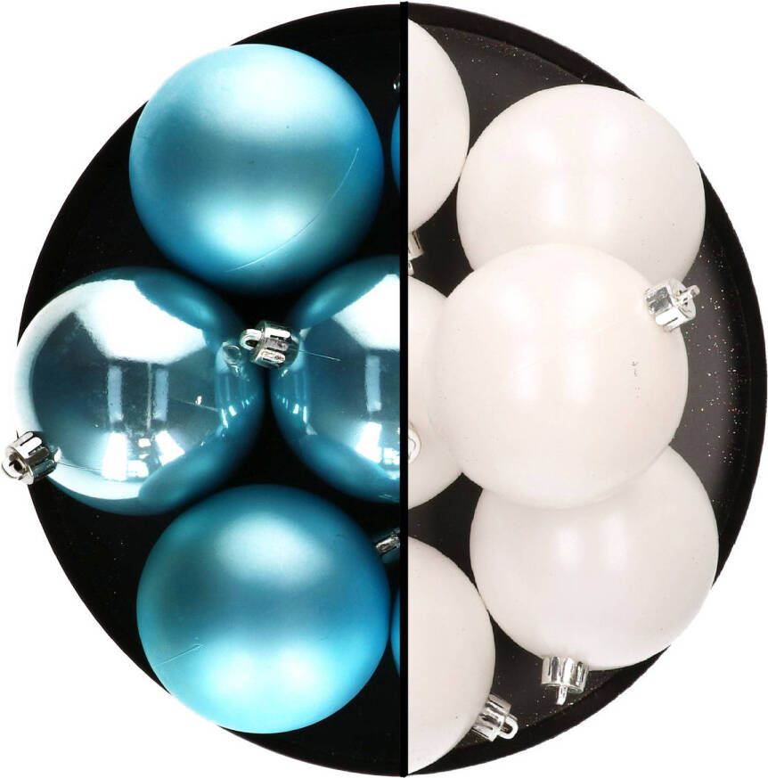 Decoris kerstballen 12x st 8 cm wit en blauw kunststof Kerstbal