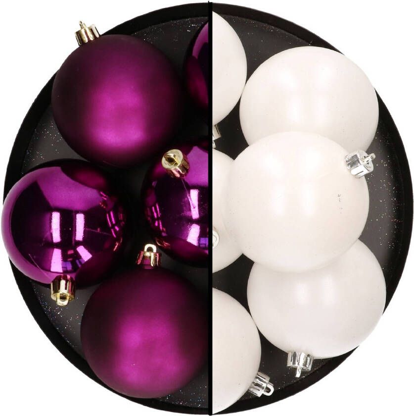 Decoris kerstballen 12x st 8 cm wit en paars kunststof Kerstbal