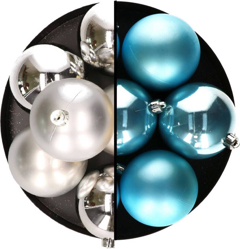 Decoris kerstballen 12x st 8 cm zilver en blauw kunststof Kerstbal