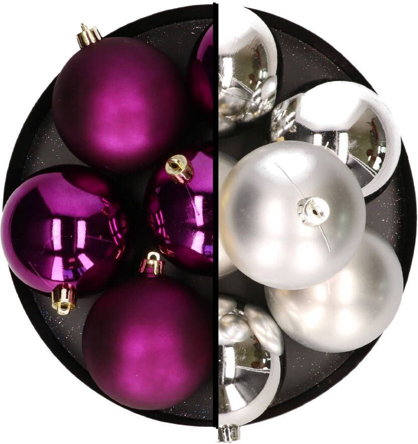 Decoris kerstballen 12x st 8 cm zilver en paars kunststof Kerstbal