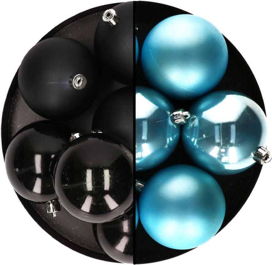 Decoris kerstballen 12x st 8 cm zwart en blauw kunststof Kerstbal
