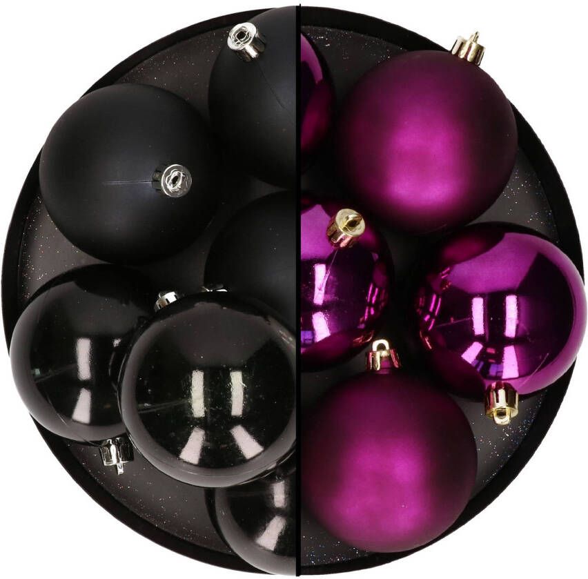 Decoris kerstballen 12x st 8 cm zwart en paars kunststof Kerstbal