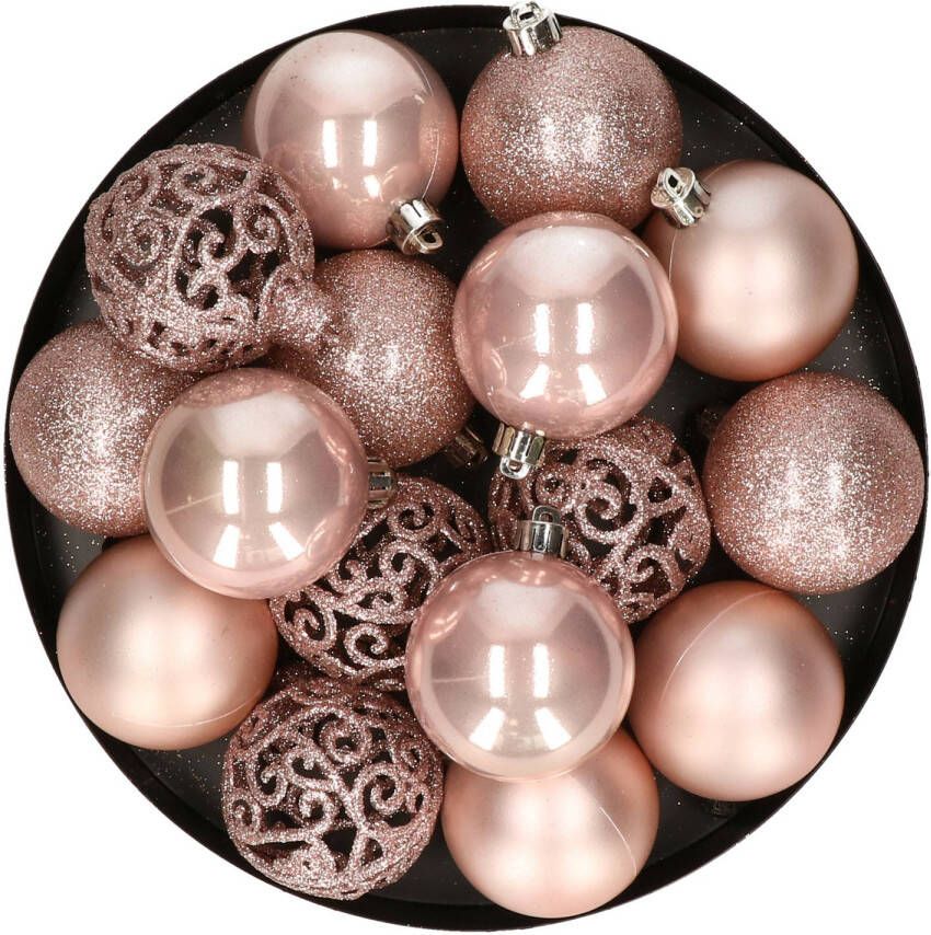 Decoris Kerstballen 16x st lichtroze 6 cm kunststof kerstversiering Kerstbal