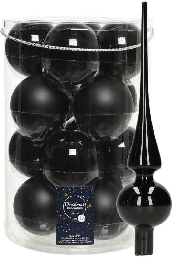 Decoris kerstballen 16x stuks 8 cm incl. piek glans zwart glas Kerstbal