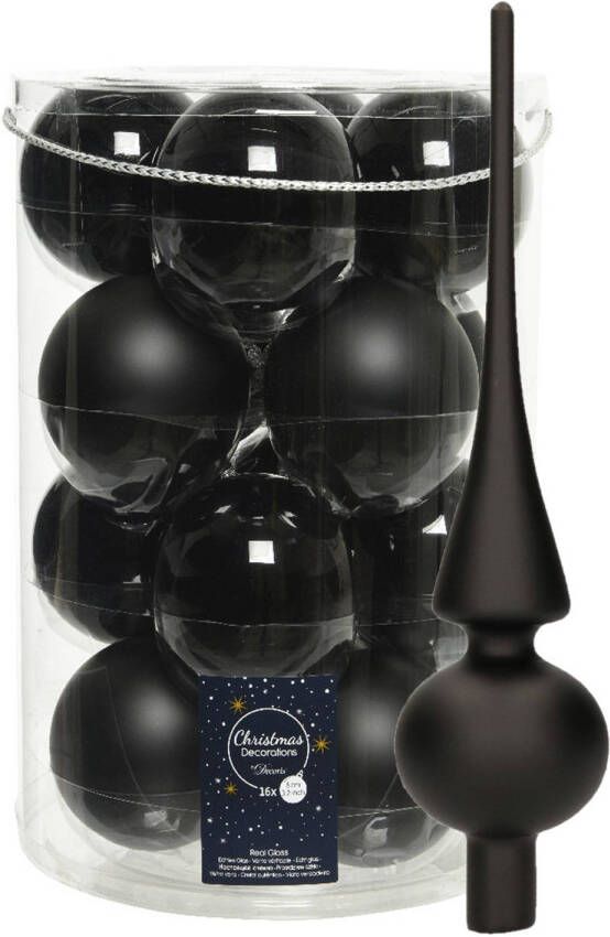 Decoris kerstballen 16x stuks 8 cm incl. piek mat zwart glas Kerstbal