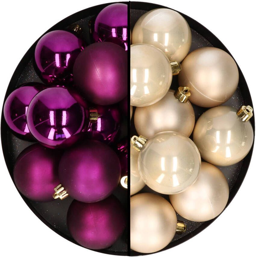 Decoris Kerstballen 24x stuks mix champagne en paars 6 cm kunststof Kerstbal