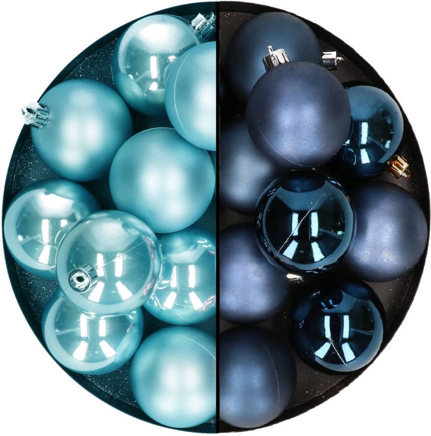 Decoris Kerstballen 24x stuks mix donkerblauw en ijsblauw 6 cm kunststof Kerstbal