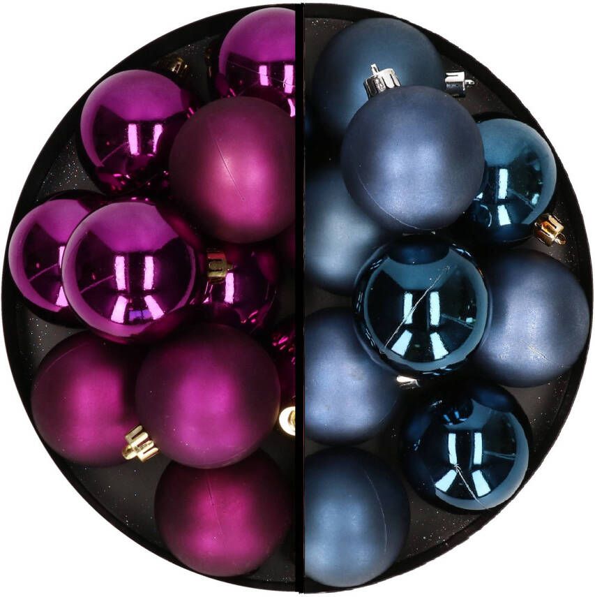 Decoris Kerstballen 24x stuks mix donkerblauw en paars 6 cm kunststof Kerstbal