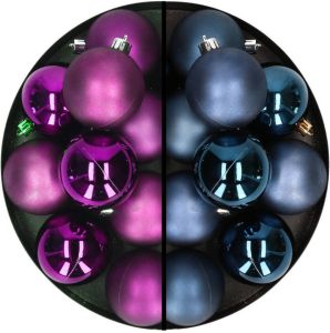 Decoris Kerstballen 24x stuks mix donkerblauw en paars 6 cm kunststof Kerstbal