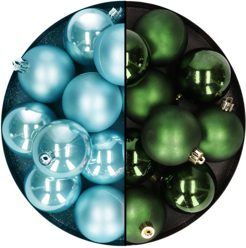 Decoris Kerstballen 24x stuks mix donkergroen en ijsblauw 6 cm kunststof Kerstbal