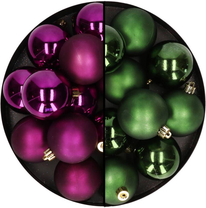 Decoris Kerstballen 24x stuks mix donkergroen en paars 6 cm kunststof Kerstbal
