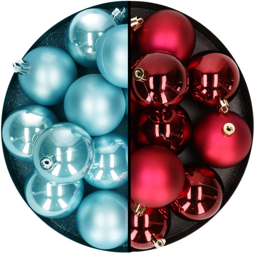 Decoris Kerstballen 24x stuks mix donkerrood en ijsblauw 6 cm kunststof Kerstbal