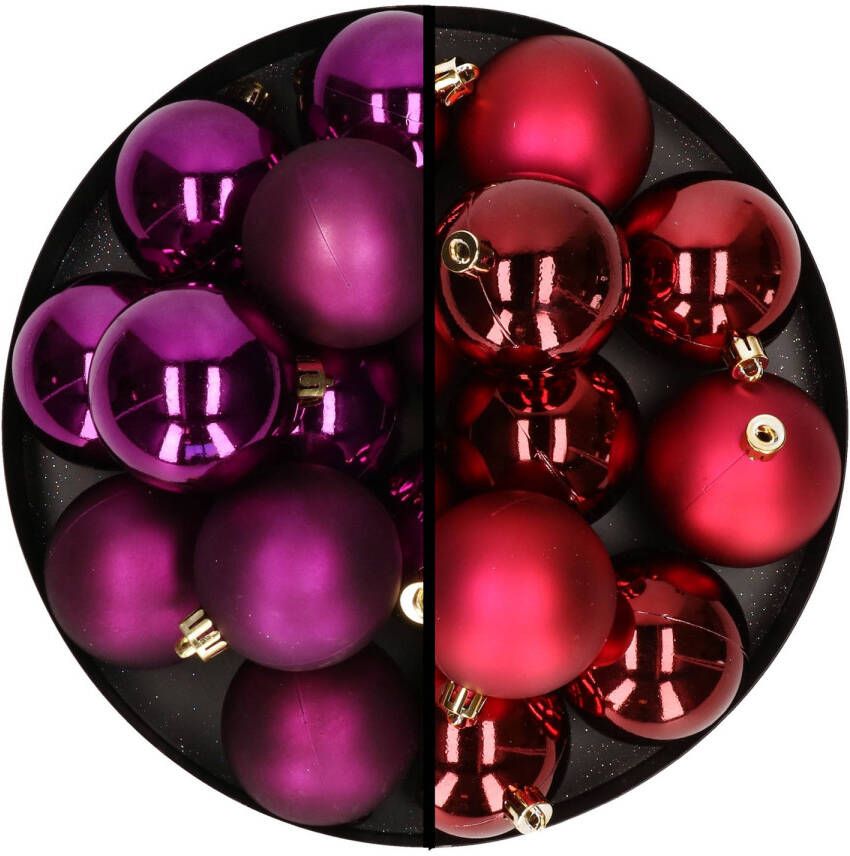 Decoris Kerstballen 24x stuks mix donkerrood en paars 6 cm kunststof Kerstbal