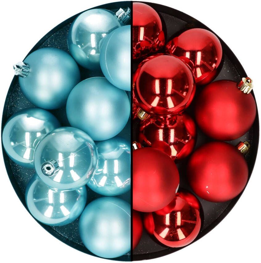 Decoris Kerstballen 24x stuks mix kerst rood en ijsblauw 6 cm kunststof Kerstbal