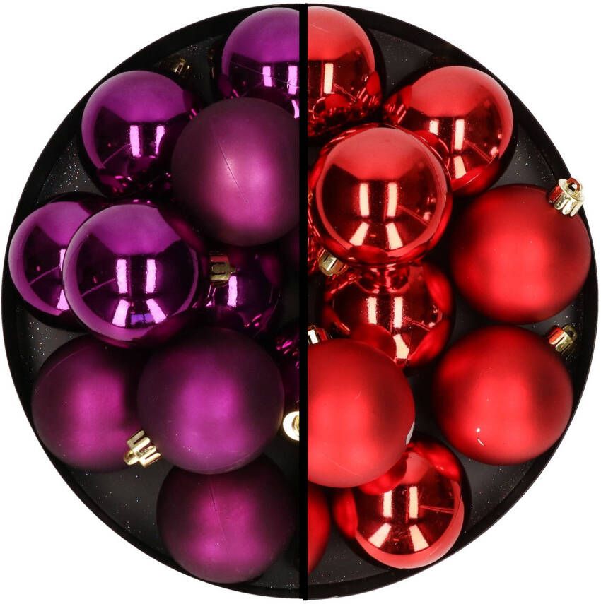 Decoris Kerstballen 24x stuks mix kerst rood en paars 6 cm kunststof Kerstbal