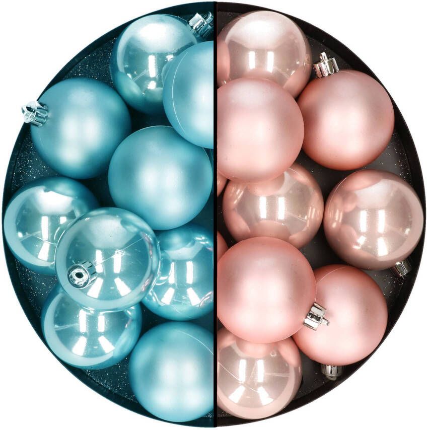 Decoris Kerstballen 24x stuks mix lichtroze en ijsblauw 6 cm kunststof Kerstbal