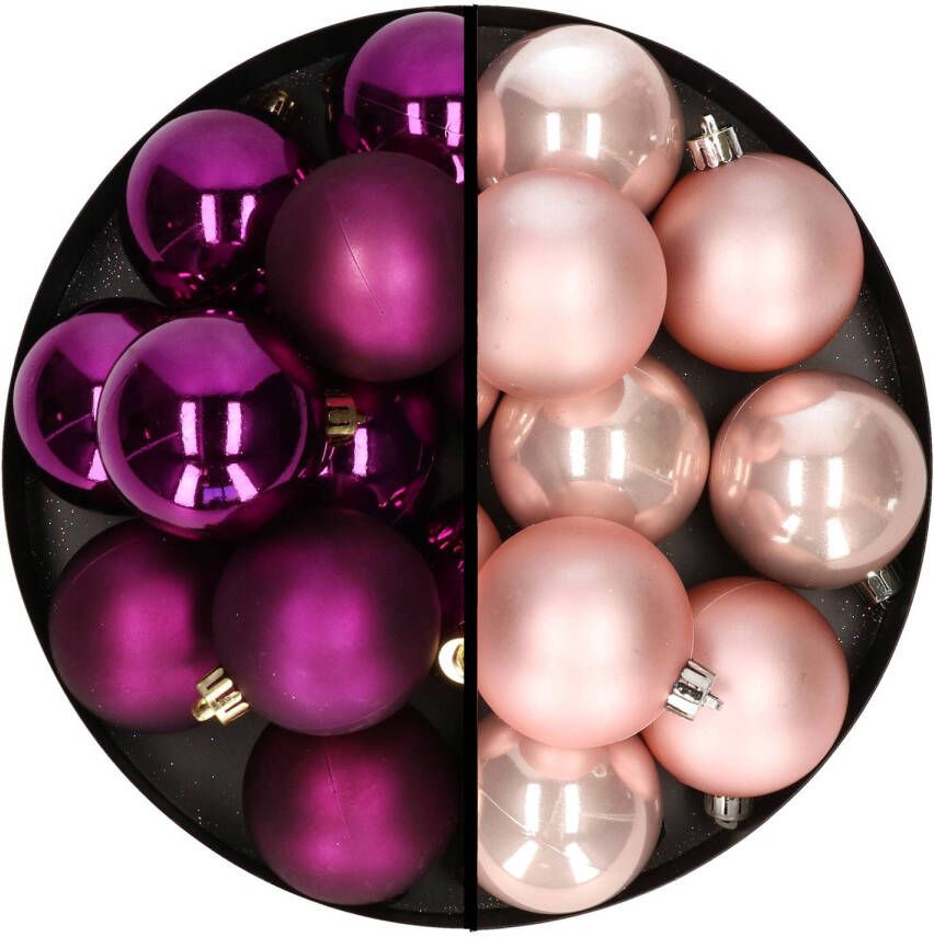 Decoris Kerstballen 24x stuks mix lichtroze en paars 6 cm kunststof Kerstbal