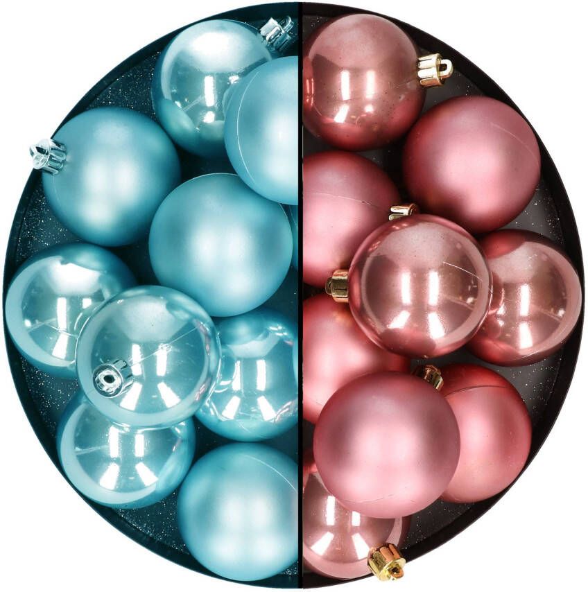 Decoris Kerstballen 24x stuks mix oudroze en ijsblauw 6 cm kunststof Kerstbal